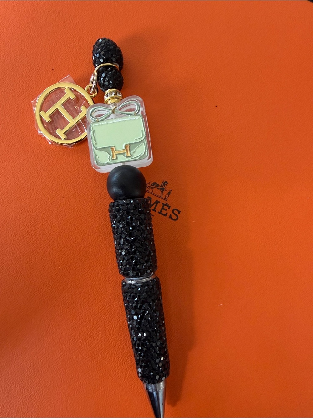 Handcrafted Black Crystal Keychain Charm with Green Bag Accent